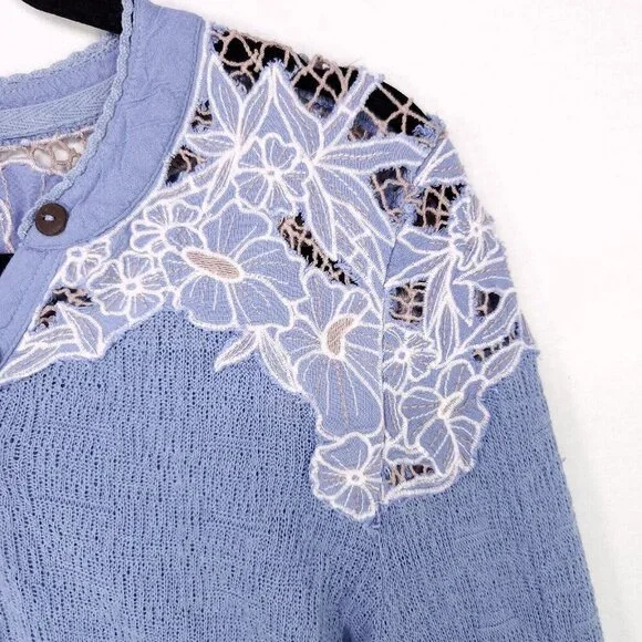 Free People Top Easy Breezy Lace Large Floral Applique Henley Long Sleeve Knit - Picture 8 of 14